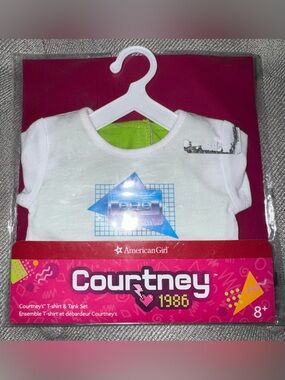 American Girl White Tee with Blue Retro Graphic and Neon Green Trim